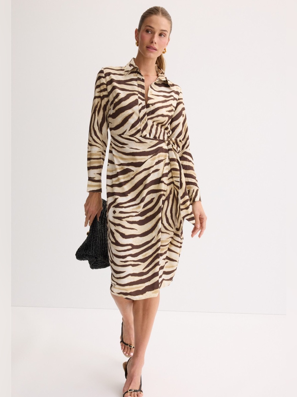 Ralph Lauren Beige & Brown Zebra-Print Wrap Midi Dress